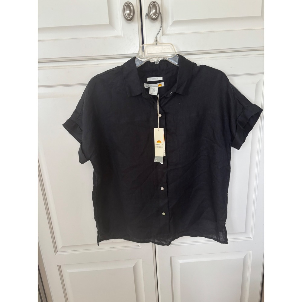 C&C California Women Black 100% Linen Short Sleeve Button Down Shirt Size M NWT